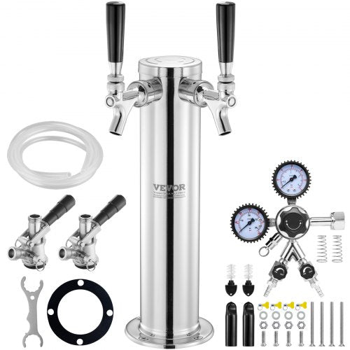 Kegerator Tower Kit, ölkonverteringskit med dubbla kranar, öltornsdispenser i rostfritt stål med dubbel mätare, W21.8-regulator och S-System-fatkoppling för fester och hem