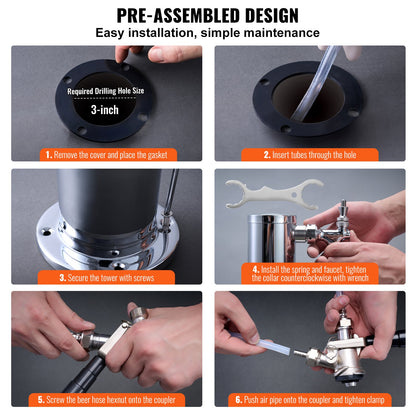 Kegerator Tower Kit, ölkonverteringskit med dubbla kranar, öltornsdispenser i rostfritt stål med dubbel mätare, W21.8-regulator och S-System-fatkoppling för fester och hem