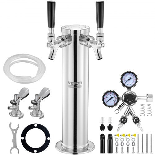 Kegerator Tower Kit, Dual Taps Beer Conversion Kit, Stainless Steel Keg Beer Tower Dispenser with Dual Gauge W21.8 Regulator & A-System Keg Coupler, Beer Drip Tray for Party Home