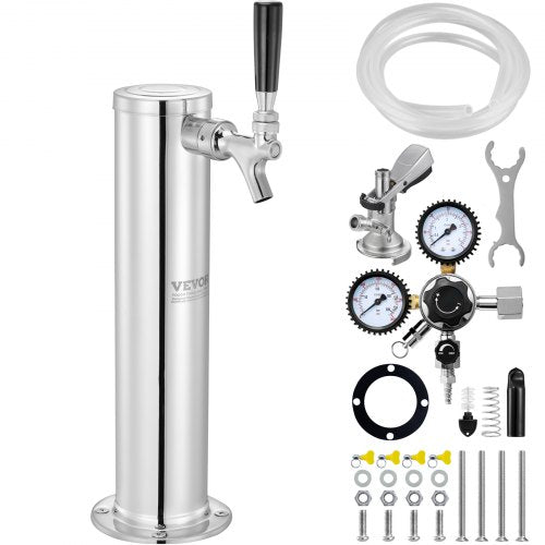 Kegerator Tower Kit, Single Tap Beer Conversion Kit, Stainless Steel Keg Beer Tower Dispenser with Dual Gauge W21.8 Regulator & A-System Keg Coupler, Beer Drip Tray for Party Home