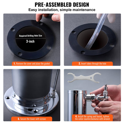 Triple Taps fatölstornsdispenser, rostfritt stålfatölstorn, kegeratortornssats med förmonterade slangar och självstängande kranskaft för fest, bar, pub, restaurang