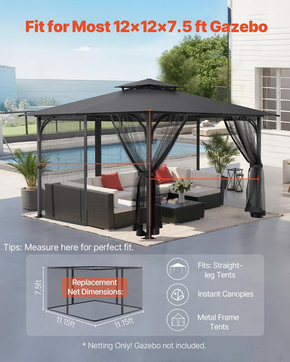 Nät för paviljonger, passar de flesta 12 x 12 x 7,5 fot paviljonggardiner, trädgårdsnät med 4 paneler på sidoväggarna, myggnät för uteplatser med dubbel dragkedja, skärm för tak (endast nät)