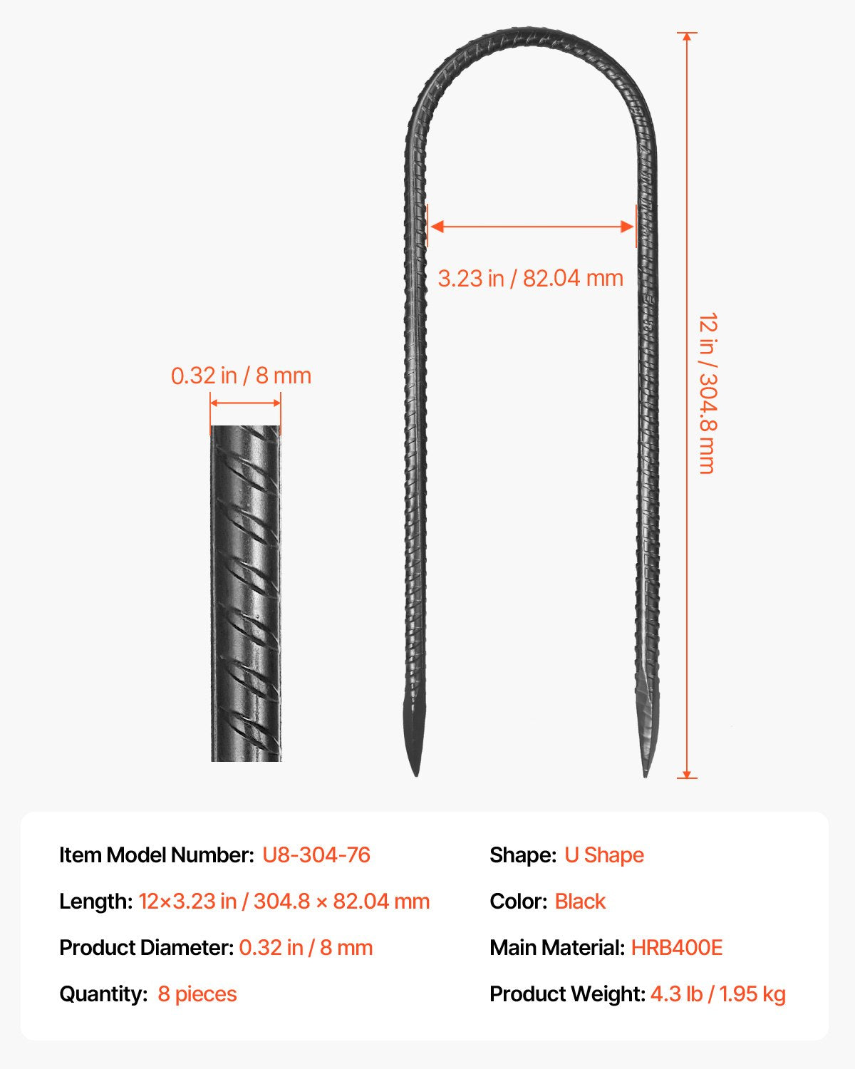12-tums 8-pack armeringspinnar 304,8x82,04 mm kraftiga U-formade galvaniserade markankare