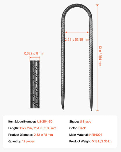 254x55,88 mm / 10 tum 12-pack armeringsstöttor kraftiga U-formade galvaniserade markankare