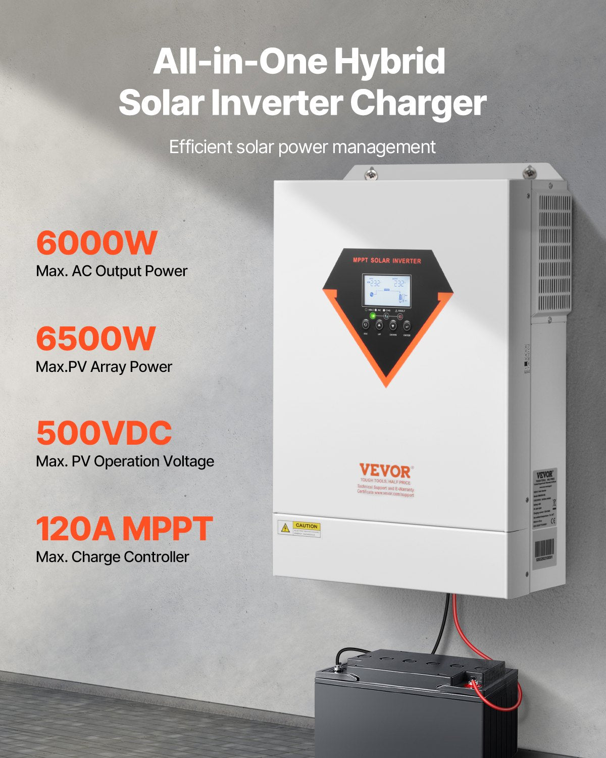 Hybrid Solar Inverter, 6000W, All in One Pure Sine Wave Power Inverter Charger, 48V DC to 220/230V AC, with Built-in WIFI 120A MPPT Solar Controller, for Off-Grid System Lead Acid Lithium Battery