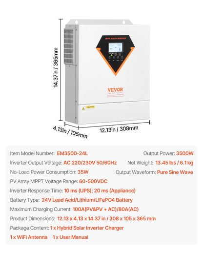Hybrid Solar Inverter, 3500W, All in One Pure Sine Wave Power Inverter Charger, 24V DC to 220/230V AC, with Built-in WIFI 100A MPPT Solar Controller, for Off-Grid System Lead Acid Lithium Battery