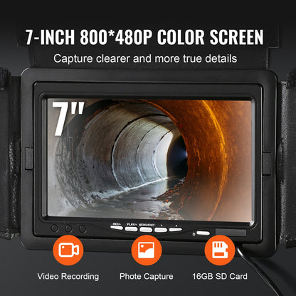 Sewer Camera, 165 ft/50 m, 7" Screen Pipeline Inspection Camera with DVR Function, Waterproof IP68 Camera, 12pcs Adjustable LED, with a 16 GB SD Card for Sewer Line, Duct Drain Pipe Plumbing