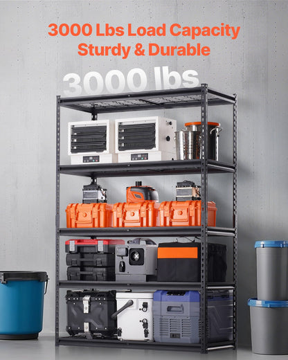 Storage Shelves, 3000 lbs, 5 Tier Heavy Duty Garage Shelving, 20" D x 48" W x 72" H Adjustable Metal Shelves for Industrial Shelving Unit Utility Shelf, for Kitchen, Warehouse, Basement, Black