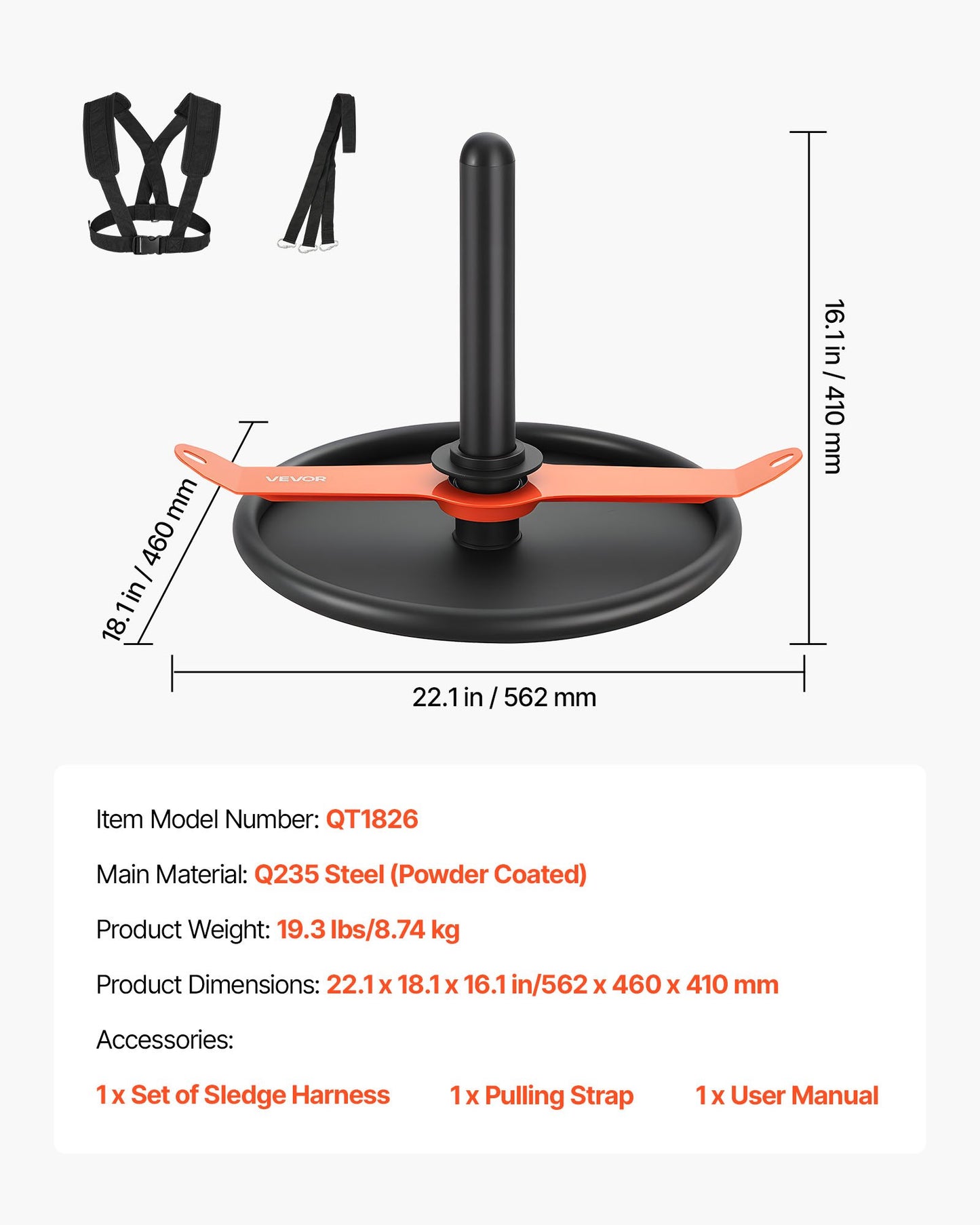 Weight Sled, Steel Power Sled, Fitness Strength Training Sleds for Athletic Exercise Speed Improvement, Workout Fitness Equipment with Harness, Compatible with 51 mm Weight Plate, Orange & Black