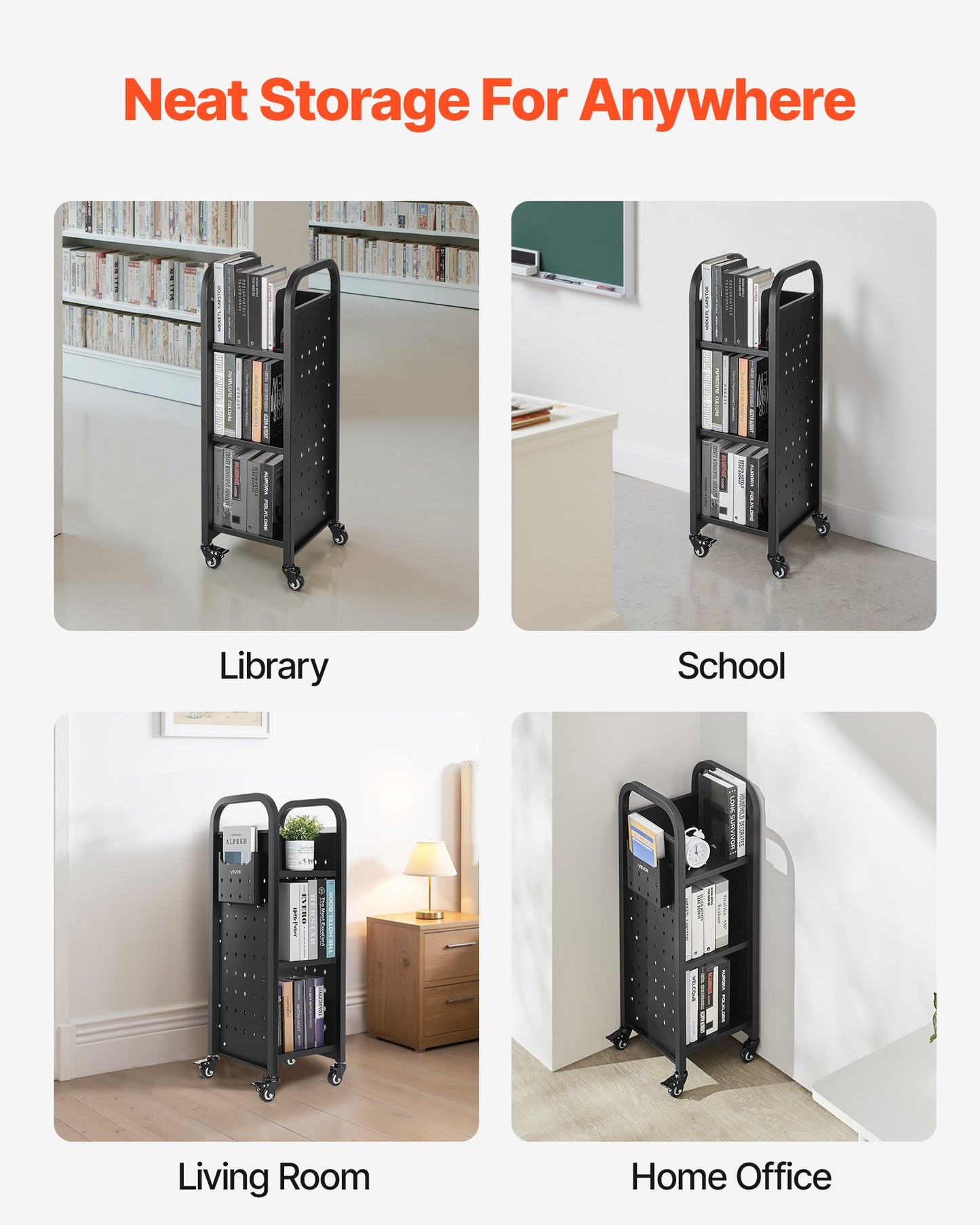 Rolling Library Book Cart, 100 kg Capacity, 32 x 35 x 93.5 cm Library Cart, Single Sided L-Shaped Shelves with 50.8 mm Lockable Wheels, Book Truck for Home Shelves Office and School, Black