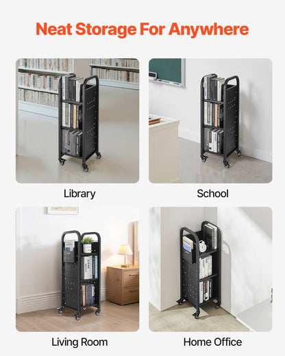 Rolling Library Book Cart, 100 kg Capacity, 32 x 35 x 93.5 cm Library Cart, Single Sided L-Shaped Shelves with 50.8 mm Lockable Wheels, Book Truck for Home Shelves Office and School, Black