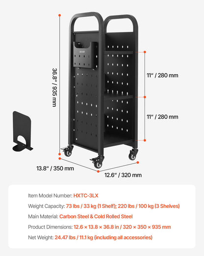 Rolling Library Book Cart, 100 kg Capacity, 32 x 35 x 93.5 cm Library Cart, Single Sided L-Shaped Shelves with 50.8 mm Lockable Wheels, Book Truck for Home Shelves Office and School, Black