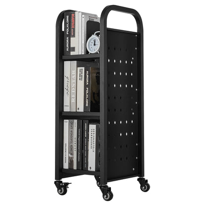 Rolling Library Book Cart, 100 kg Capacity, 32 x 35 x 93.5 cm Library Cart, Single Sided L-Shaped Shelves with 50.8 mm Lockable Wheels, Book Truck for Home Shelves Office and School, Black