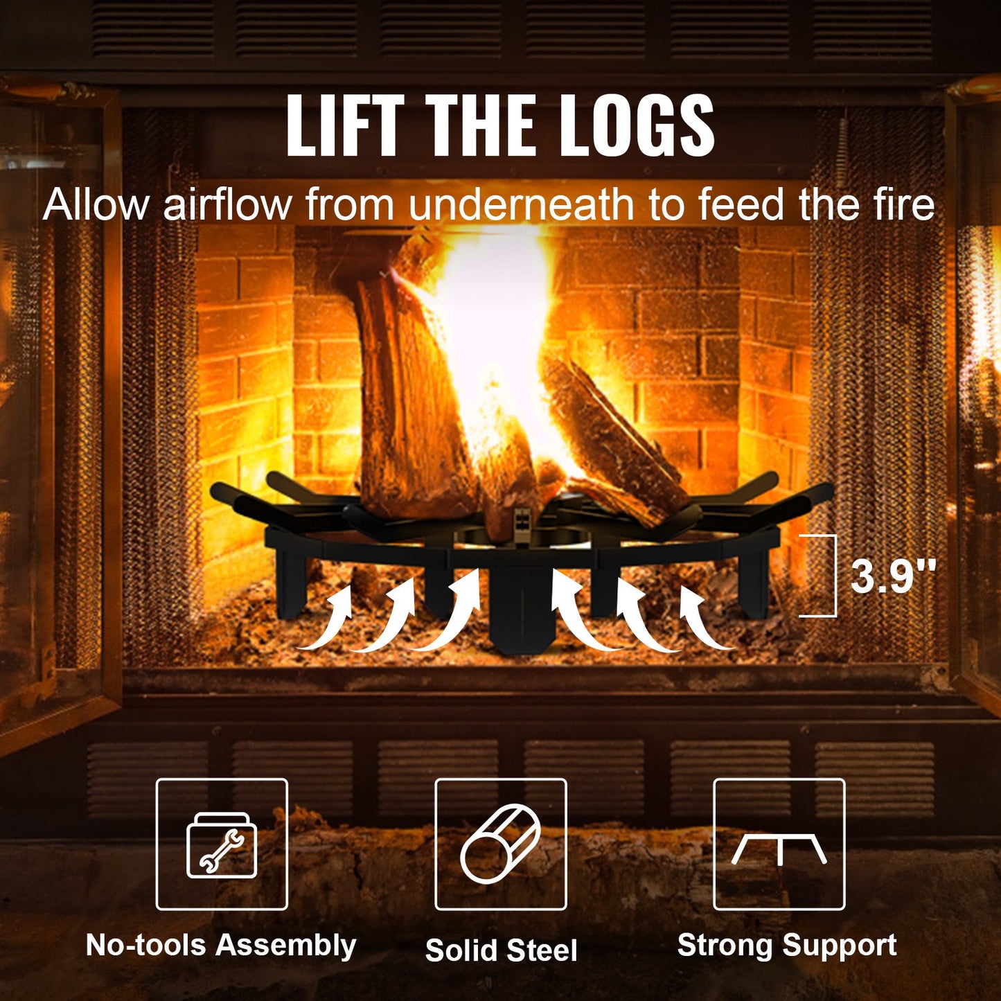 Log Grate, 27 inch Heavy Duty Wheel Fire Grate with 6 Support Legs, Solid Powder-coated Steel Bars, Log Firewood Burning Rack Holder for Wood Stove and Outdoor Camping Fire Pit