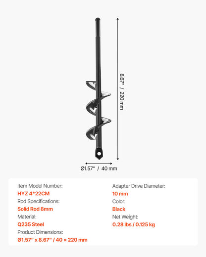 Auger Drill Bit for Planting, 40 x 220 mm Spiral Drill Bit, for 3/8" Hex Drive Drills, Heavy Duty Bulb Planter Tool, Hole Drilling Attachments for Garden Post Hole Digger Fence Digging
