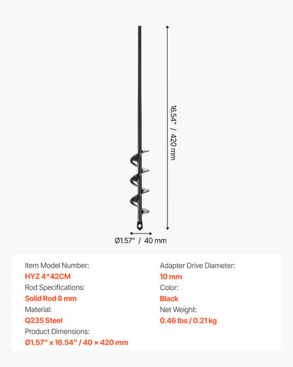 Auger Drill Bit for Planting, 40 x 420 mm Spiral Drill Bit, for 3/8" Hex Drive Drills, Heavy Duty Bulb Planter Tool, Hole Drilling Attachments for Garden Post Hole Digger Fence Digging
