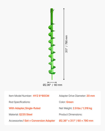 Auger Drill Bit for Planting, 60 x 800 mm Spiral Drill Bit, Compatible with 20mm ID Drive Drills, Heavy Duty Bulb Planter Tool, Post Hole Drilling Attachments for Garden Digger Fence