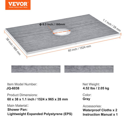 Duschkantsats, 1524x965 mm duschkarmsats med 160 mm centralt avlopp, lätta EPS-duschinstallationssatser med 2 vattentäta dukar, sluttande duschkar för badrum