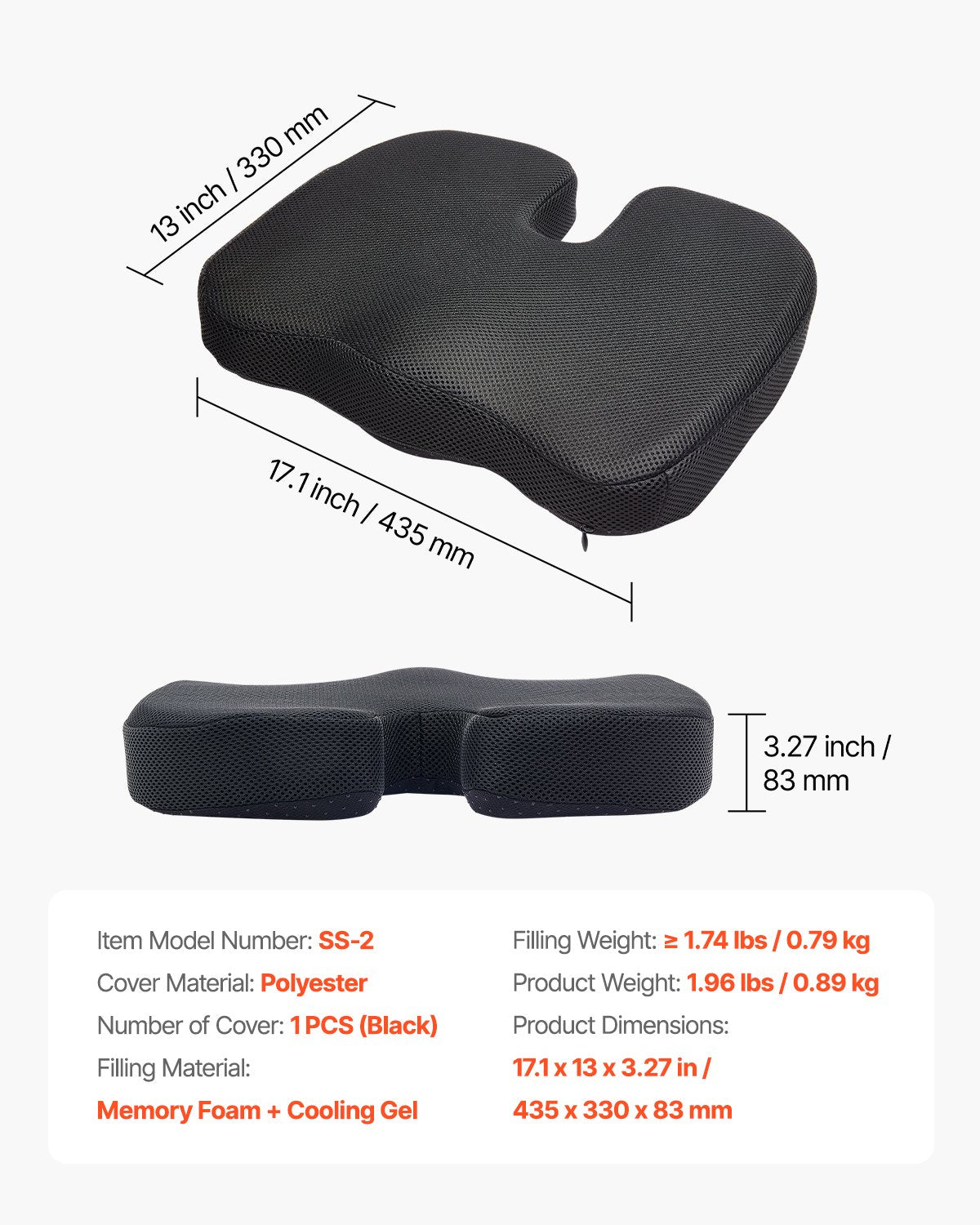 Seat Cushion, Cooling Gel + Memory Foam Seat Cushion, Pressure-Relief Wheelchair Seat Pad with U-Shaped Cutout & Removable Cover, Lightweight and Portable for Travel, Car, Office, Airplane