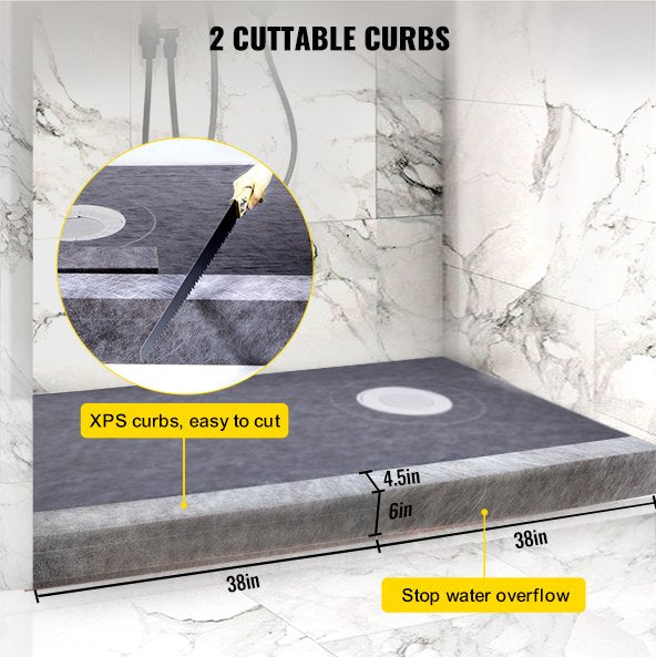 Shower Curb Kit, 38\"x60\" Watertight Shower Curb Overlay with 4\" ABS Offset Bonding Flange, 4\" Stainless Steel Grate, 2 Cuttable Shower Curb and Trowel, Shower Pan Slope Sticks Fit for Bathro