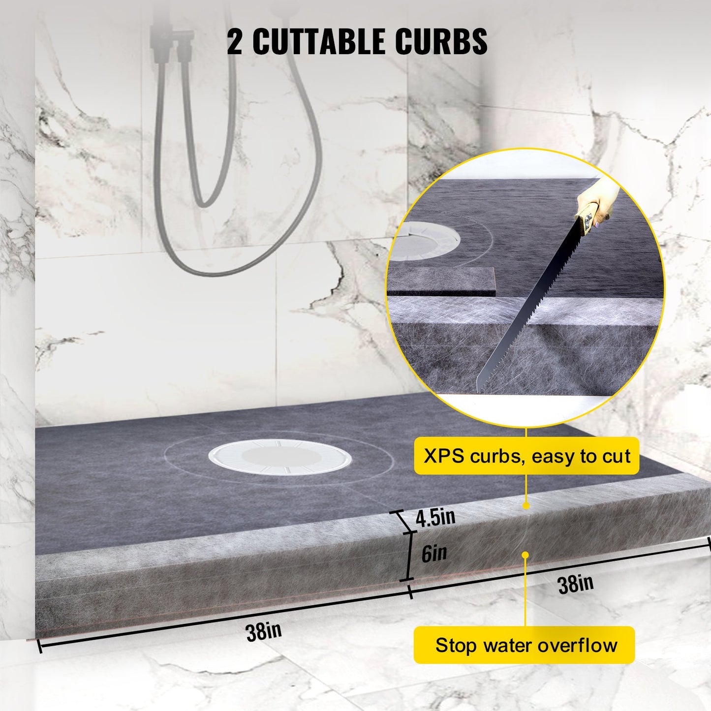 Shower Curb Kit, 38\"x60\" Watertight Shower Curb Overlay with 4\" PVC Central Bonding Flange, 4\" Stainless Steel Grate, 2 Cuttable Shower Curb and Trowel, Shower Pan Slope Sticks Fit for Bathr