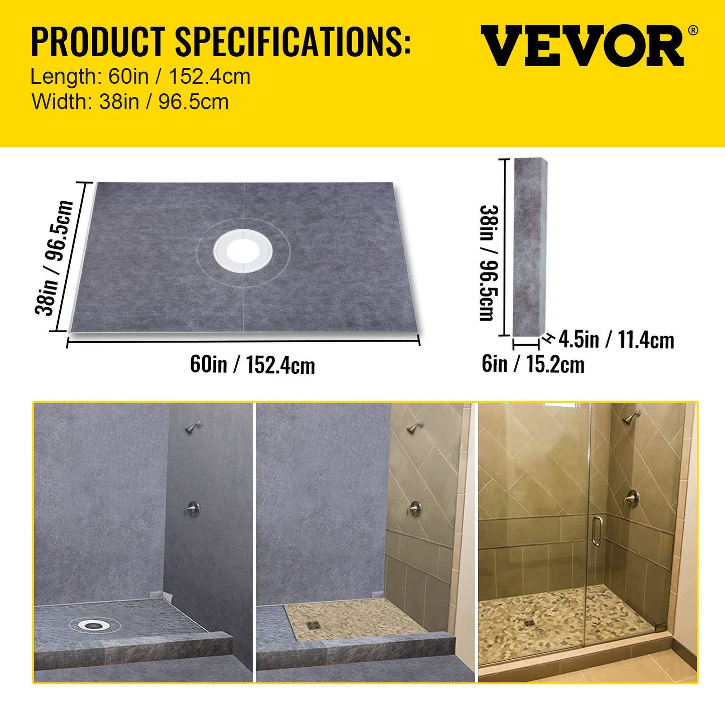 Shower Curb Kit, 38\"x60\" Watertight Shower Curb Overlay with 4\" PVC Central Bonding Flange, 4\" Stainless Steel Grate, 2 Cuttable Shower Curb and Trowel, Shower Pan Slope Sticks Fit for Bathr