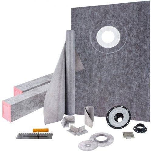 Shower Curb Kit 38" x 60" Watertight Shower Curb Overlay with 4\" PVC Offset Bonding Flange, 4\" Stainless Steel Grate, 2 Cuttable Shower Curb and Trowel, Shower Pan Slope Sticks Fit for Bathr