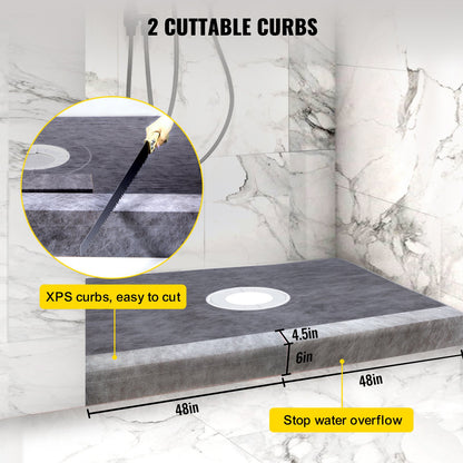 Shower Curb Kit, 48\"x72\" Watertight Shower Curb Overlay with 4\" PVC Central Bonding Flange, 4\" Stainless Steel Grate, 2 Cuttable Shower Curb and Trowel, Shower Pan Slope Sticks Fit for Bathr