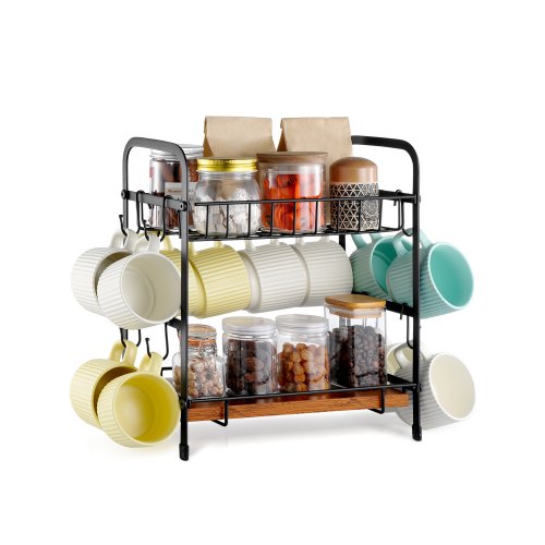 2 Tier Coffee Bar Organizer for Countertop, Multifunctional Mug Holder and Coffee Station, 12 Movable Hooks and 2 Shelves for Coffee Accessories Storage and Display, Home Office (Matte Black)
