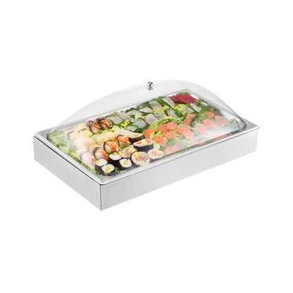 Countertop Food Serving Display Container, 1 x 1 Pan Stainless Steel Food Serving Tray, Buffet Condiment Dispenser Display Rack with Clear Arc Lid & 3 Ice Trays, for Restaurant, Hotel, Party