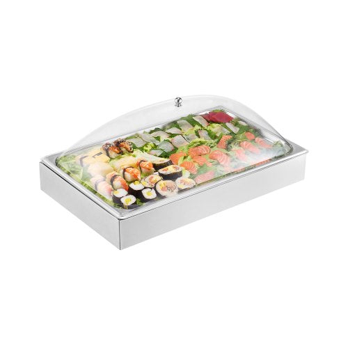 Countertop Food Serving Display Container, 1 x 1 Pan Stainless Steel Food Serving Tray, Buffet Condiment Dispenser Display Rack with Clear Arc Lid & 3 Ice Trays, for Restaurant, Hotel, Party