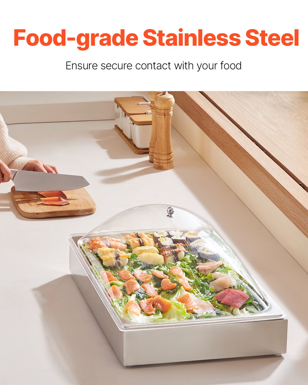 Countertop Food Serving Display Container, 1 x 1 Pan Stainless Steel Food Serving Tray, Buffet Condiment Dispenser Display Rack with Clear Arc Lid & 3 Ice Trays, for Restaurant, Hotel, Party
