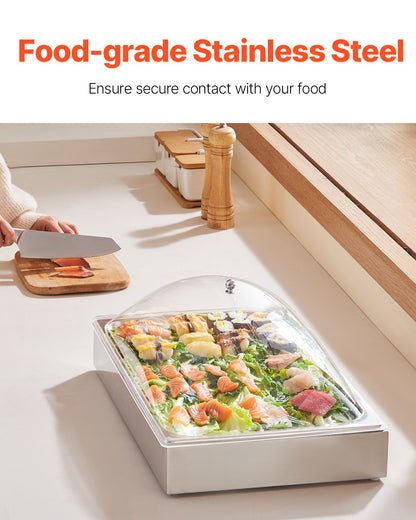 Countertop Food Serving Display Container, 1 x 1 Pan Stainless Steel Food Serving Tray, Buffet Condiment Dispenser Display Rack with Clear Arc Lid & 3 Ice Trays, for Restaurant, Hotel, Party