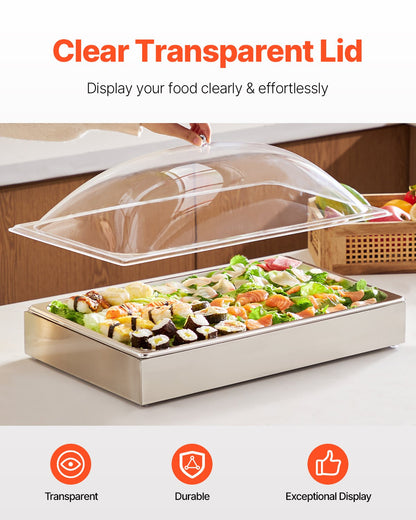 Countertop Food Serving Display Container, 1 x 1 Pan Stainless Steel Food Serving Tray, Buffet Condiment Dispenser Display Rack with Clear Arc Lid & 3 Ice Trays, for Restaurant, Hotel, Party