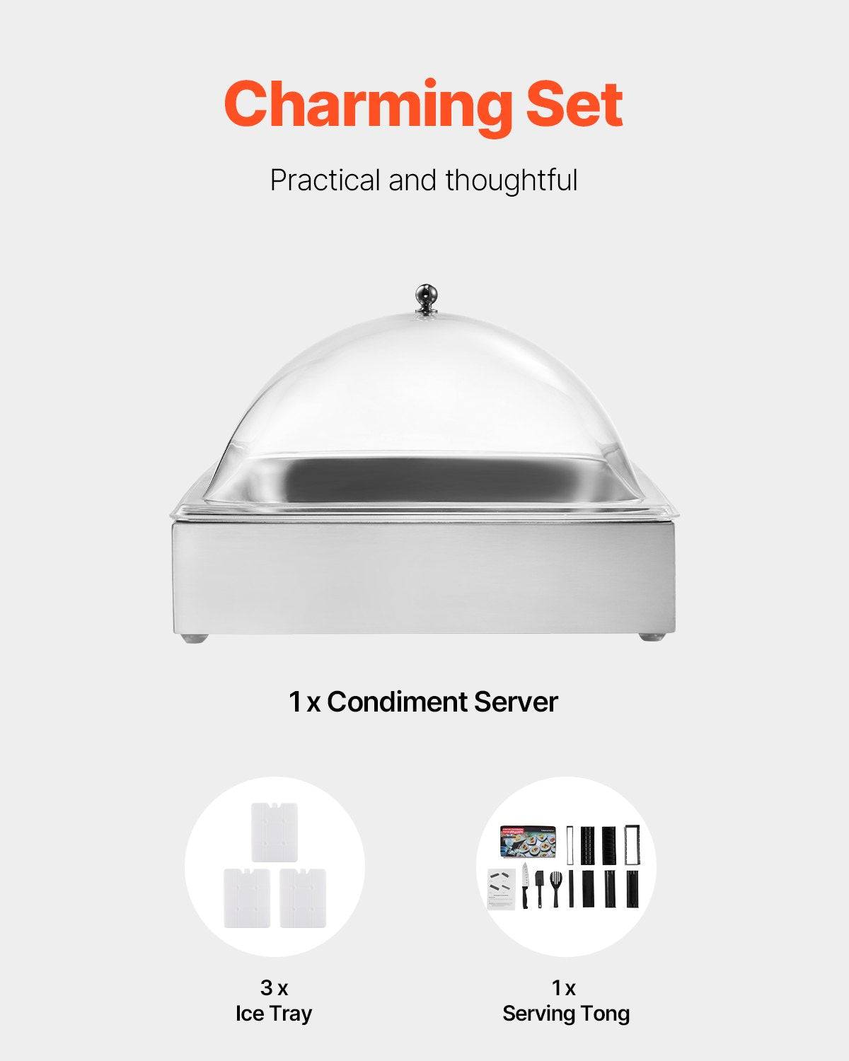 Countertop Food Serving Display Container, 1 x 1 Pan Stainless Steel Food Serving Tray, Buffet Condiment Dispenser Display Rack with Clear Arc Lid & 3 Ice Trays, for Restaurant, Hotel, Party