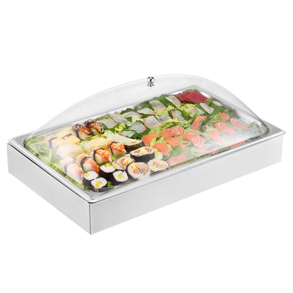 Countertop Food Serving Display Container, 1 x 1 Pan Stainless Steel Food Serving Tray, Buffet Condiment Dispenser Display Rack with Clear Arc Lid & 3 Ice Trays, for Restaurant, Hotel, Party