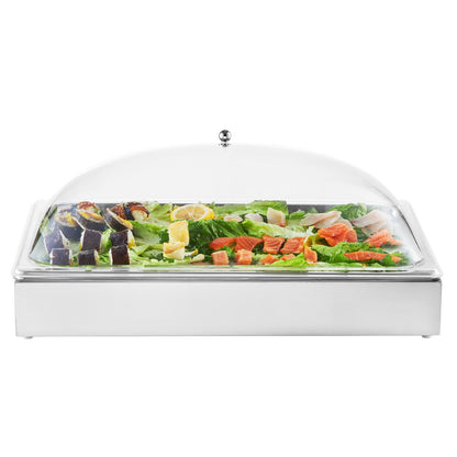 Countertop Food Serving Display Container, 1 x 1 Pan Stainless Steel Food Serving Tray, Buffet Condiment Dispenser Display Rack with Clear Arc Lid & 3 Ice Trays, for Restaurant, Hotel, Party