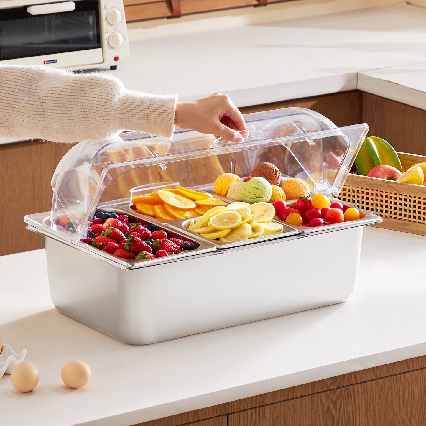 Countertop Food Serving Display Container, 5 Pan Stainless Steel Food Serving Tray, Buffet Condiment Dispenser Display Rack with Clear Lid & 3 Freezer Boxes, for Restaurant Hotel Kitchen Party