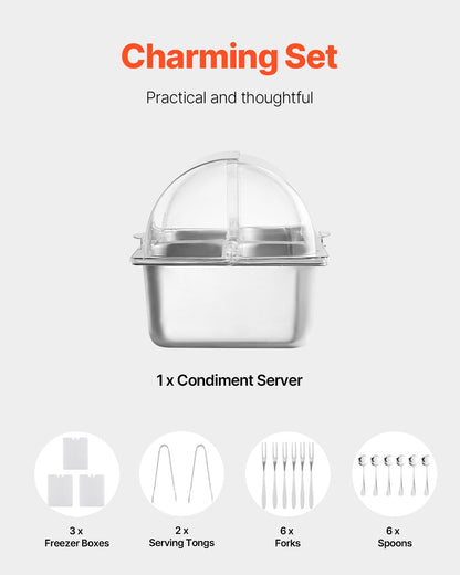 Countertop Food Serving Display Container, 4 Pan Stainless Steel Food Serving Tray, Buffet Condiment Dispenser Display Rack with Clear Lid & 3 Freezer Boxes, for Restaurant Hotel Kitchen Party