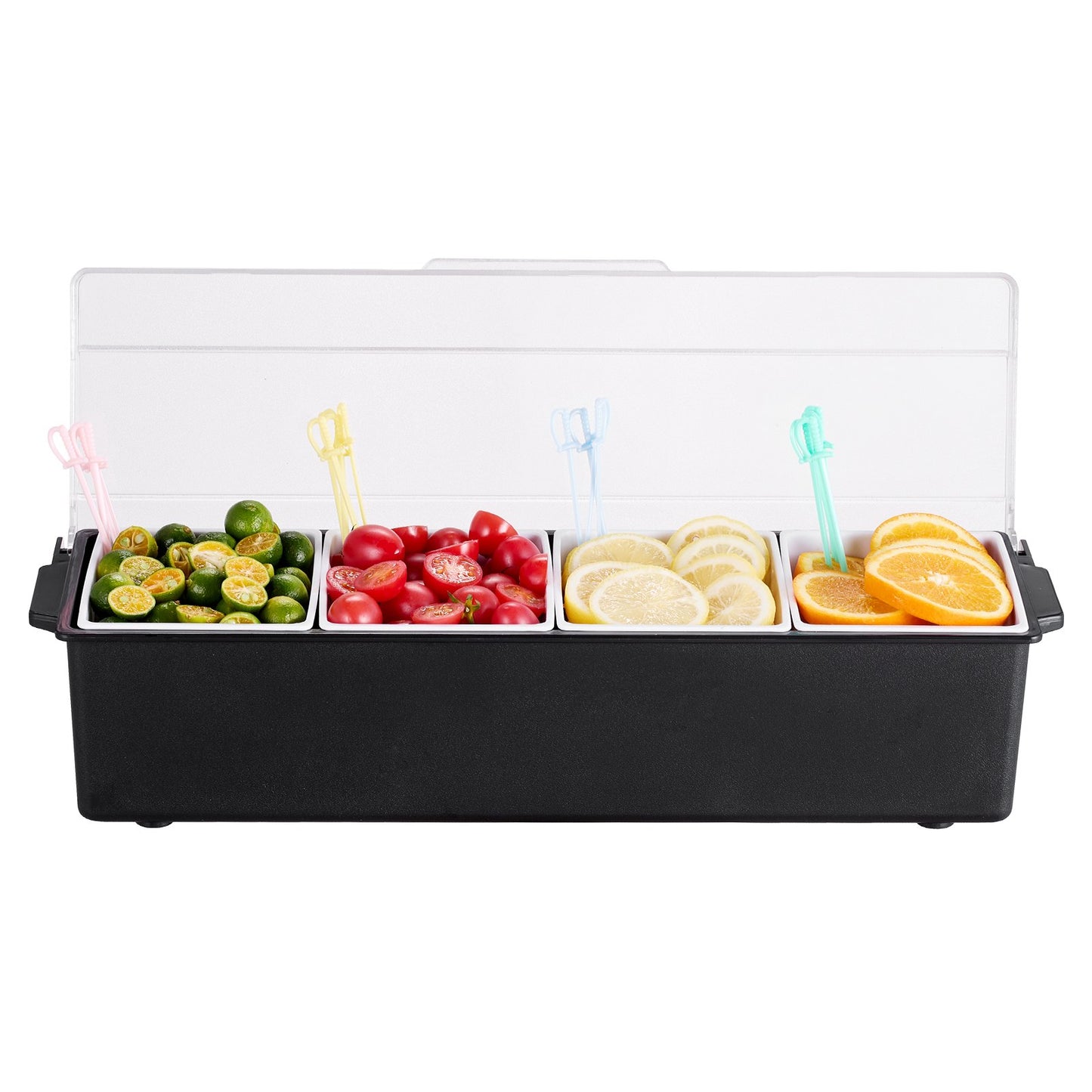 Chilled Condiment Server, 4 Compartment Ice Cooled Condiment Serving Container, Chilled Garnish Tray Bar Caddy with Lid, for Bartending & Serving Taco, Salad, Fruit, Home & Restaurant Supplies