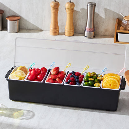 Chilled Condiment Server, 6 Compartment Ice Cooled Condiment Serving Container, Chilled Garnish Tray Bar Caddy with Lid, for Bartending & Serving Taco, Salad, Fruit, Home & Restaurant Supplies