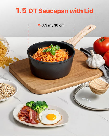 1.5 QT Saucepan, Nonstick Saucepan with Tempered Glass Lid, Multipurpose Cooking Sauce Pot with Detachable Handle, Sauce Pan Small Kitchen Cooking Pot with Coating, Induction Compatible, Black