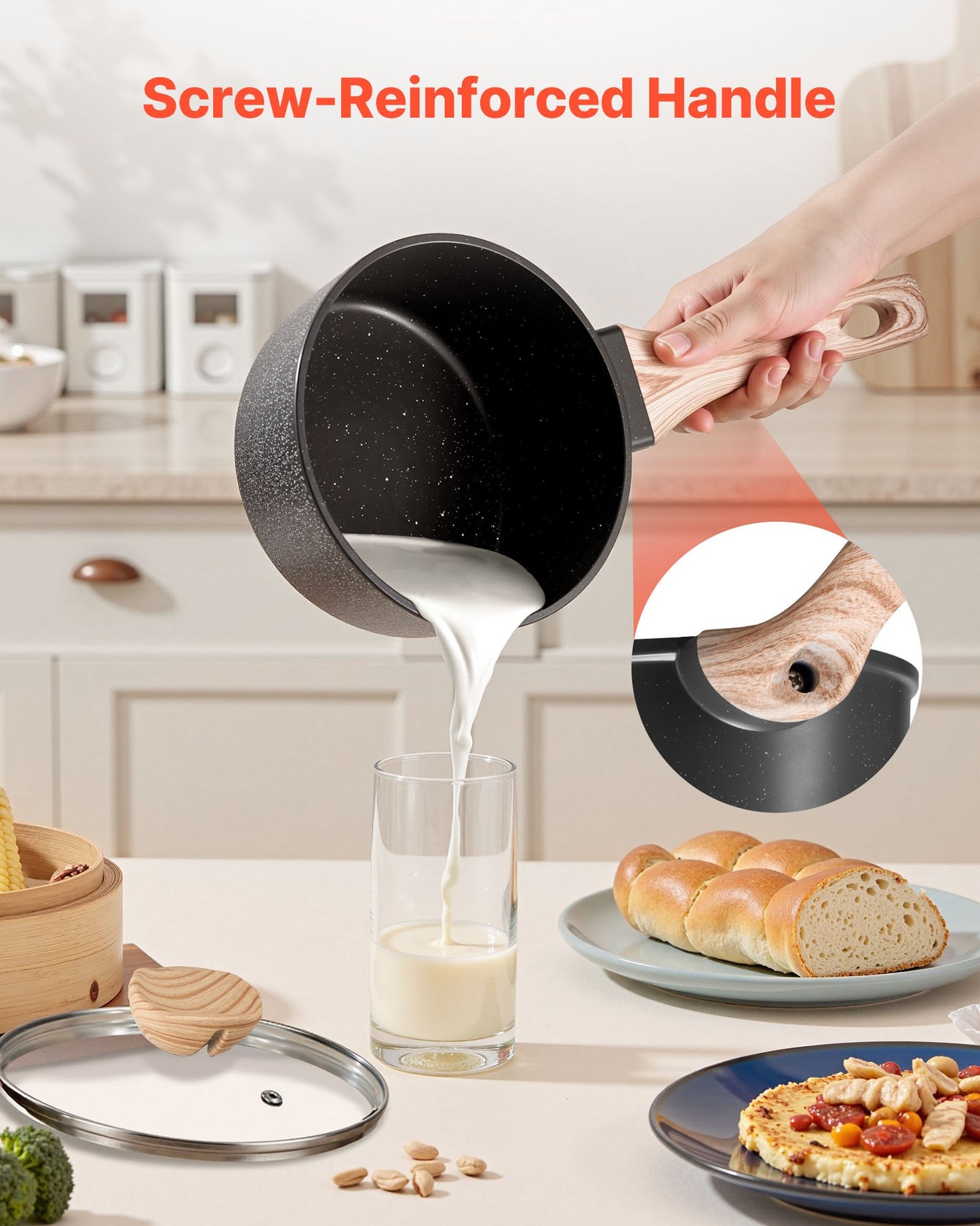 1.5 QT Saucepan, Nonstick Saucepan with Tempered Glass Lid, Multipurpose Cooking Sauce Pot with Detachable Handle, Sauce Pan Small Kitchen Cooking Pot with Coating, Induction Compatible, Black