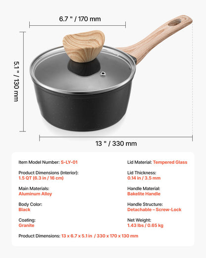 1.5 QT Saucepan, Nonstick Saucepan with Tempered Glass Lid, Multipurpose Cooking Sauce Pot with Detachable Handle, Sauce Pan Small Kitchen Cooking Pot with Coating, Induction Compatible, Black