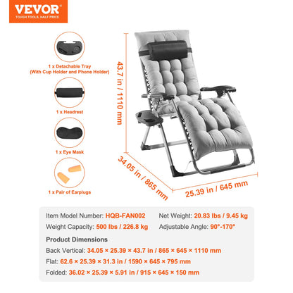 Zero Gravity Chair, 26 inch Zero Gravity Recliner Lounge Chair for Indoor and Outdoor, Adjustable Anti Gravity Chair with Cushion, Headrest, Footrest, and Cupholder, 500 lbs, Gray