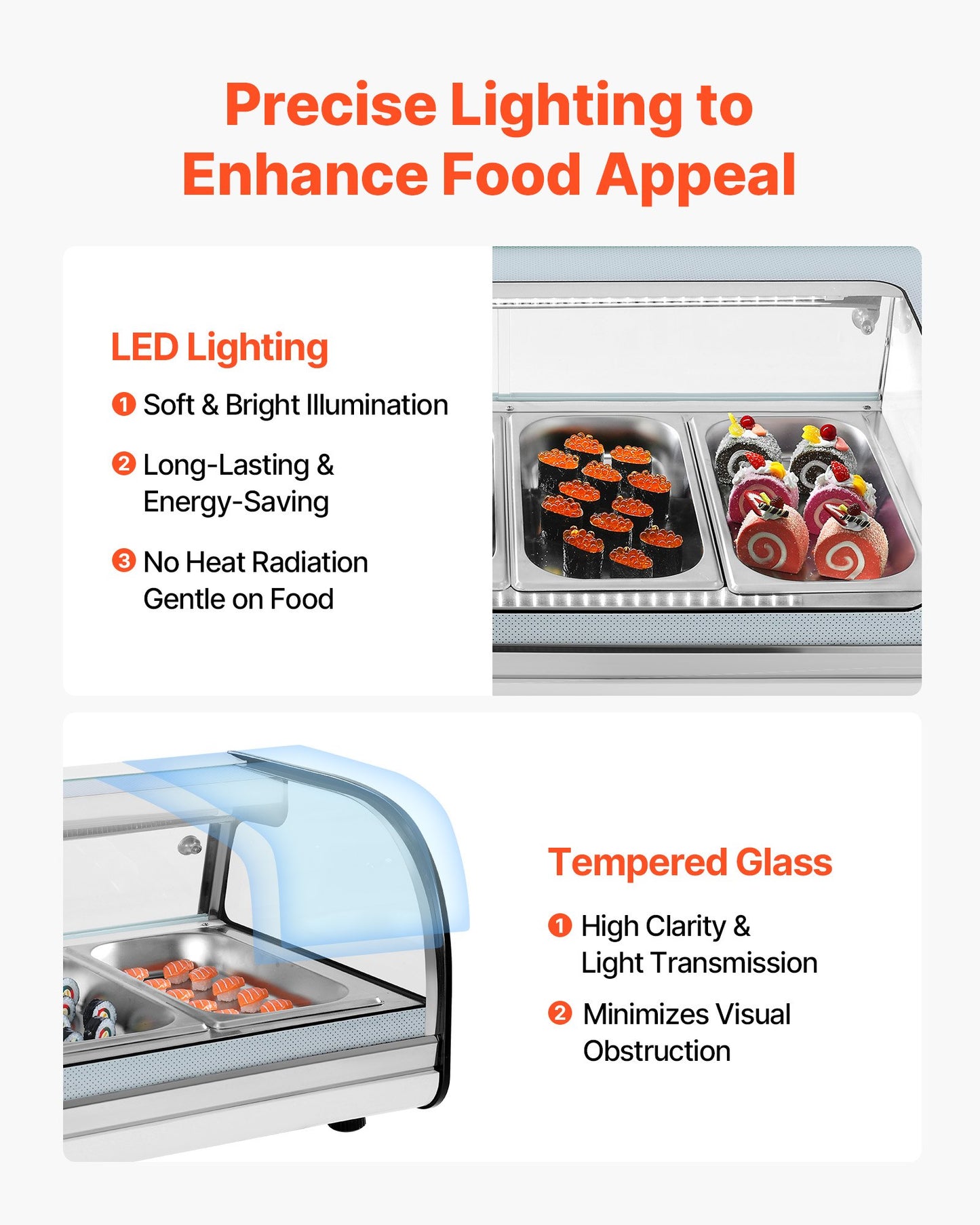 Sushi Display Case Refrigerator, 52L Commercial Sushi Case, 5-Pan Countertop Showcase with Curved Glass, LED Lighting, and Digital Temperature Control, for Sushi-Bar Counter, Restaurant, Store
