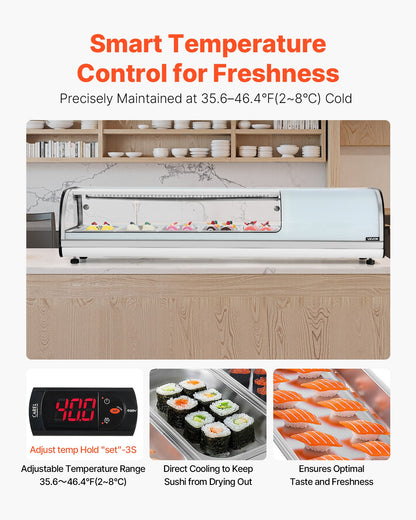 Sushi Display Case Refrigerator, 52L Commercial Sushi Case, 5-Pan Countertop Showcase with Curved Glass, LED Lighting, and Digital Temperature Control, for Sushi-Bar Counter, Restaurant, Store