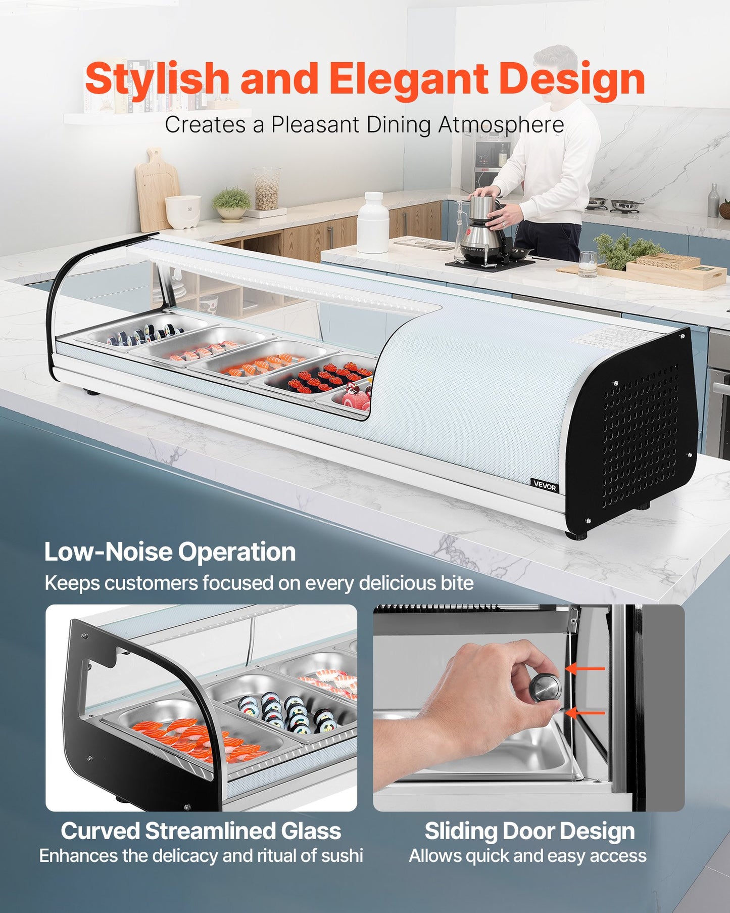 Sushi Display Case Refrigerator, 52L Commercial Sushi Case, 5-Pan Countertop Showcase with Curved Glass, LED Lighting, and Digital Temperature Control, for Sushi-Bar Counter, Restaurant, Store