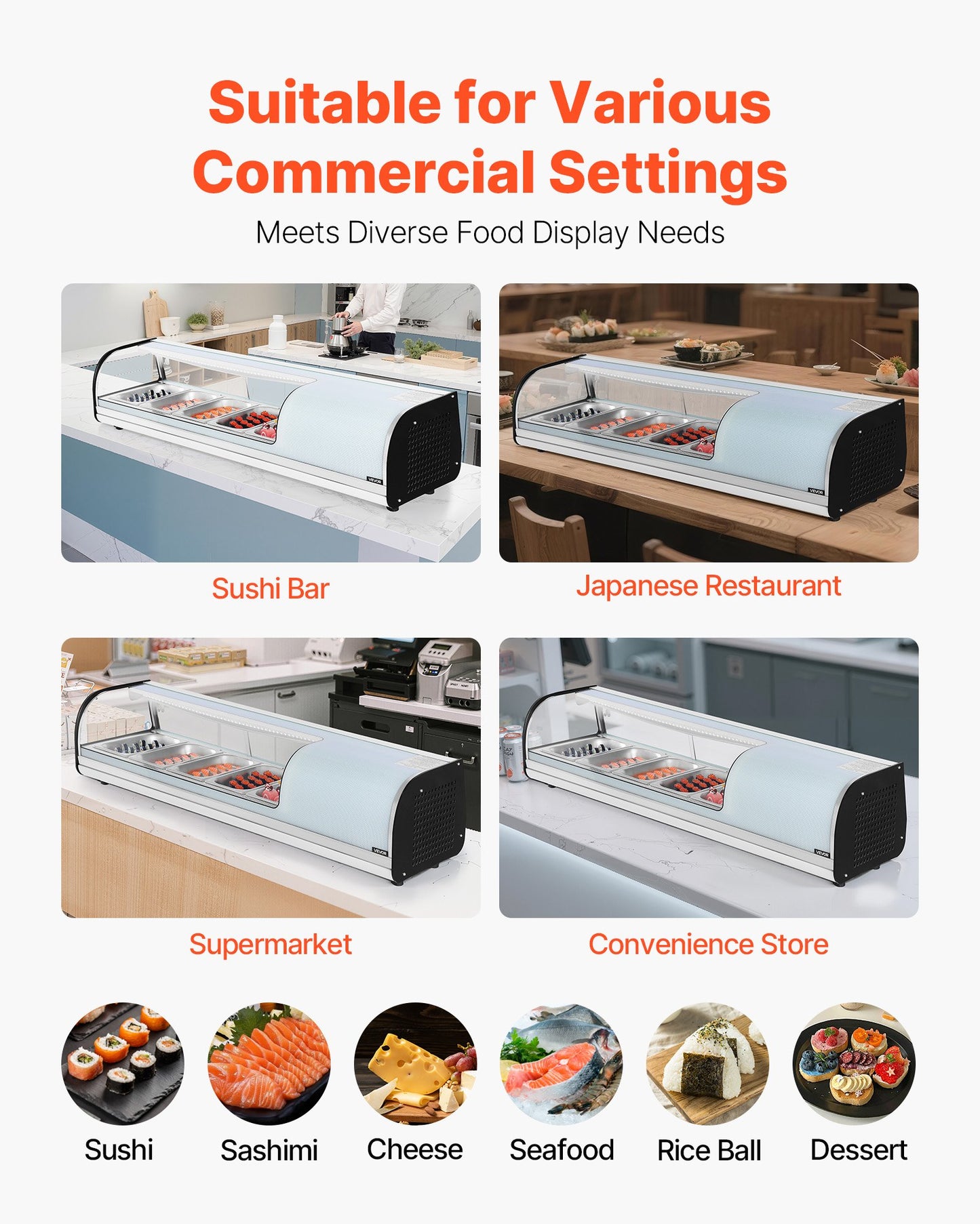 Sushi Display Case Refrigerator, 52L Commercial Sushi Case, 5-Pan Countertop Showcase with Curved Glass, LED Lighting, and Digital Temperature Control, for Sushi-Bar Counter, Restaurant, Store