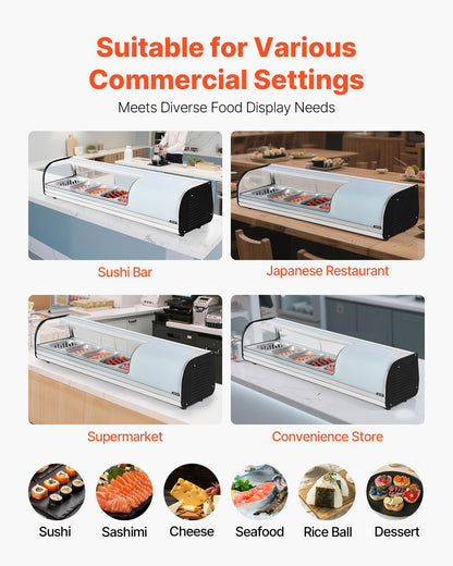 Sushi Display Case Refrigerator, 52L Commercial Sushi Case, 5-Pan Countertop Showcase with Curved Glass, LED Lighting, and Digital Temperature Control, for Sushi-Bar Counter, Restaurant, Store